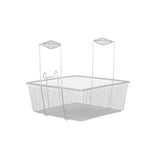 A rectangular metal fryer basket with two upright handles featuring wavy grips. The Vulcan single basket has a mesh design and is elevated slightly by its metal frame. The plain white background emphasizes the basket’s structure and details.