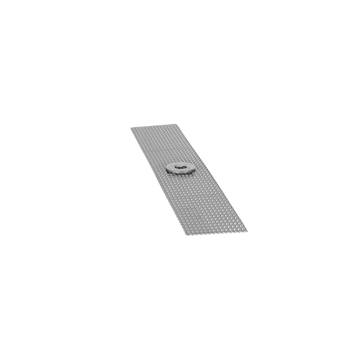 A rectangular strip of perforated metal mesh, part of the Micro-Filtration Conversion Kit, lies flat on a white background with a single round metal fastener attached at its center. The mesh has a grid-like pattern, and both objects are gray.