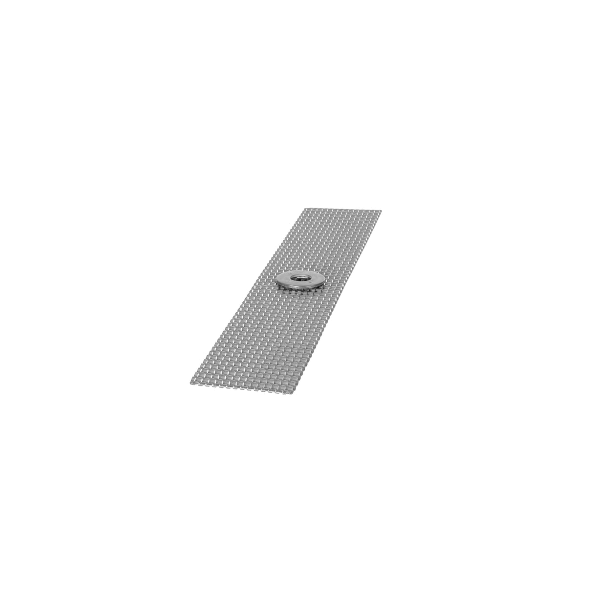 A rectangular metal mesh sheet with small circular holes lies flat, featuring a round metal drain cover with slits at the center. This setup is ideal for use with the KleenScreen PLUS Filtration System. The plain white background emphasizes the metal objects.