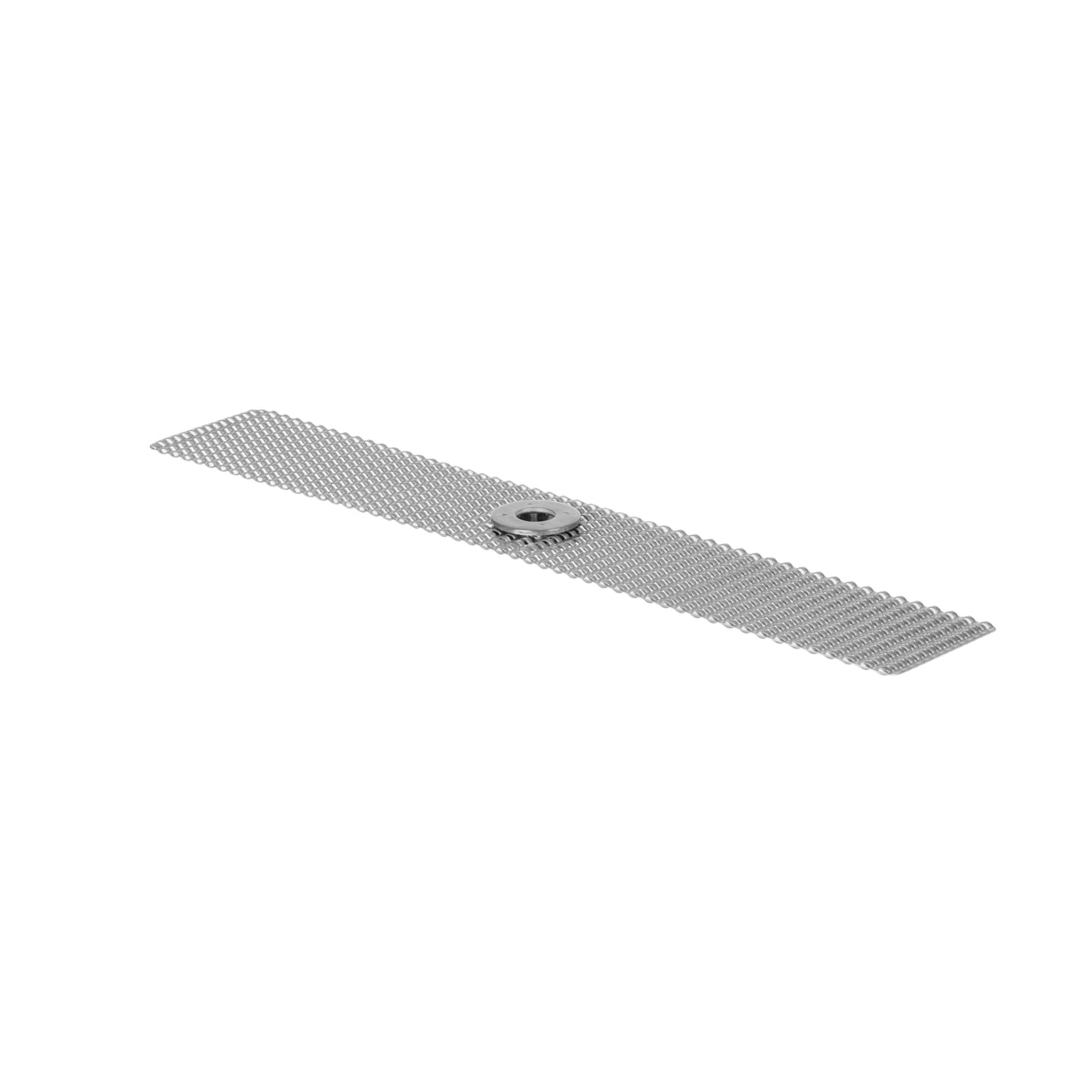 A metallic gear sits in the center of a long, flat metal rack with evenly spaced teeth along its top edge, forming a linear gear mechanism. The plain white background highlights these mechanical components, similar to those in the KleenScreen PLUS Filtration System.