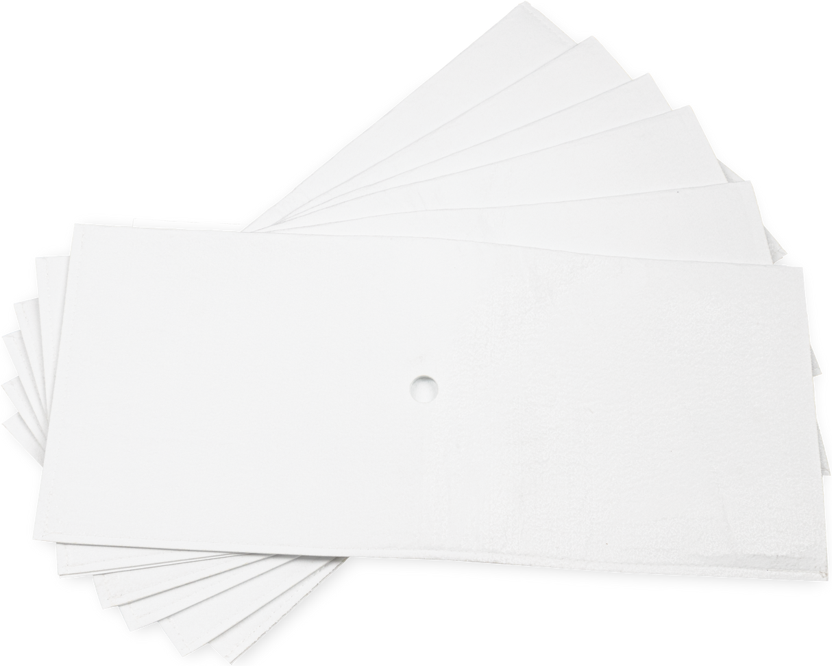 A fan of ten rectangular white absorbent pads, each with a small hole in the center, is spread out on a white background. These micro-filtration filter envelopes overlap, showcasing their thin and flexible texture.