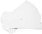 A fan of ten rectangular white absorbent pads, each with a small hole in the center, is spread out on a white background. These micro-filtration filter envelopes overlap, showcasing their thin and flexible texture.
