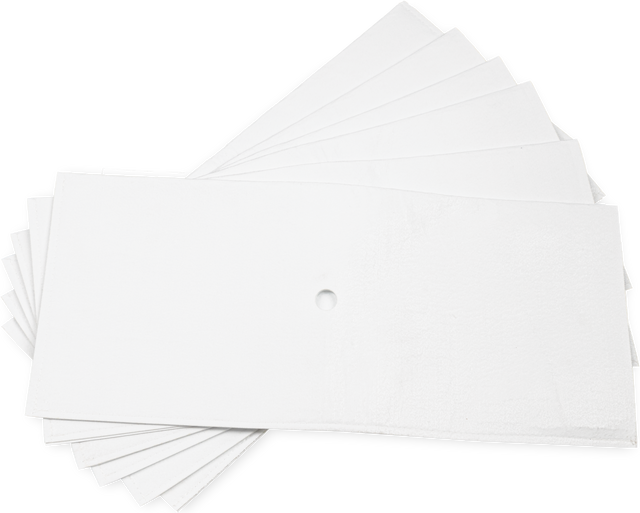 A fan of ten rectangular white absorbent pads, each with a small hole in the center, is spread out on a white background. These micro-filtration filter envelopes overlap, showcasing their thin and flexible texture.