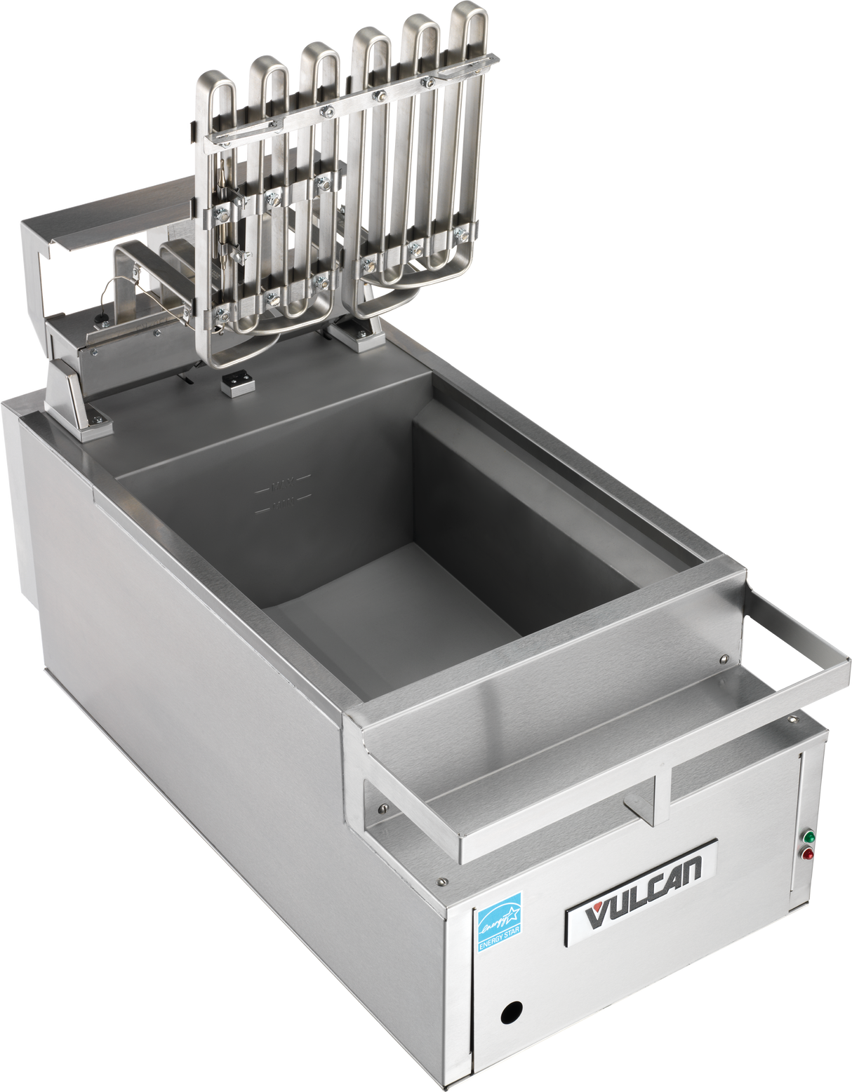A commercial stainless steel Vulcan electric countertop fryer with multiple basket holders above an empty rectangular oil vat (40 lbs oil capacity), featuring control buttons and branding on the front panel. The fryer has a clean, industrial design, ideal for restaurant kitchens.