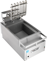 A commercial stainless steel Vulcan electric countertop fryer with multiple basket holders above an empty rectangular oil vat (40 lbs oil capacity), featuring control buttons and branding on the front panel. The fryer has a clean, industrial design, ideal for restaurant kitchens.