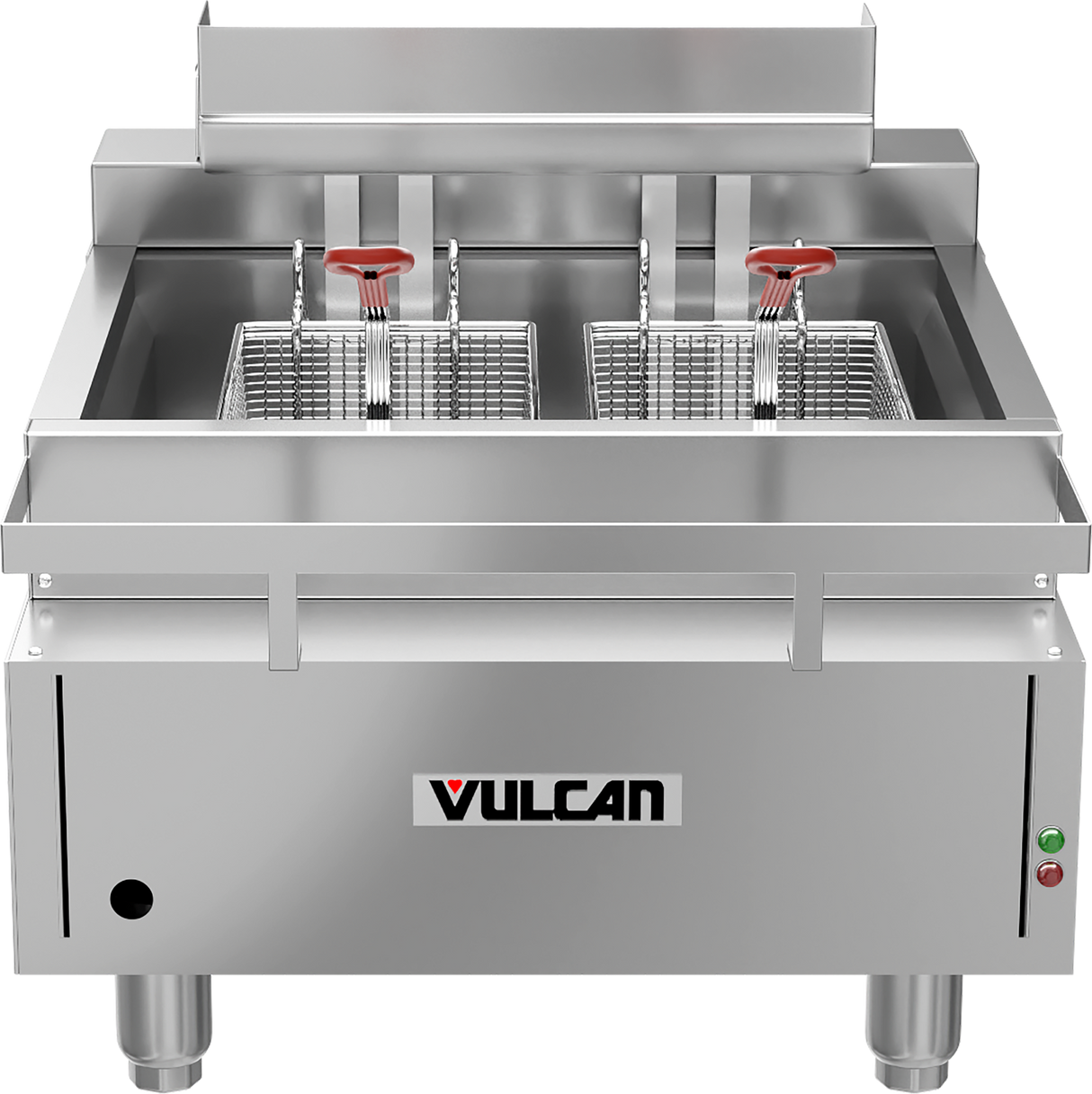 A commercial stainless steel Vulcan CEF75 electric countertop fryer with two baskets, each featuring a red handle, sits side by side. The fryer is clean, has a reflective surface, and an impressive 75 lbs oil capacity.