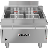 A commercial stainless steel Vulcan CEF75 electric countertop fryer with two baskets, each featuring a red handle, sits side by side. The fryer is clean, has a reflective surface, and an impressive 75 lbs oil capacity.