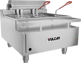 A stainless steel Vulcan CEF75 electric countertop fryer with 75 lbs oil capacity features two fryer baskets with red handles, control lights, sturdy legs, and a raised lid at the back. The Vulcan brand sits prominently on the front.