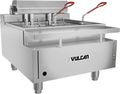 A stainless steel Vulcan CEF75 electric countertop fryer with 75 lbs oil capacity features two fryer baskets with red handles, control lights, sturdy legs, and a raised lid at the back. The Vulcan brand sits prominently on the front.