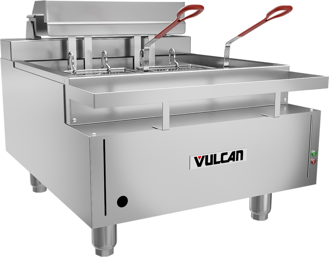 A stainless steel Vulcan CEF75 electric countertop fryer with 75 lbs oil capacity features two fryer baskets with red handles, control lights, sturdy legs, and a raised lid at the back. The Vulcan brand sits prominently on the front.