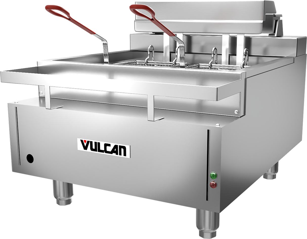 A large Vulcan CEF75 electric countertop fryer with two red-handled baskets and control buttons sits on four sturdy legs. With a 75 lbs oil capacity, it’s ideal for heavy-duty use in any busy restaurant kitchen.