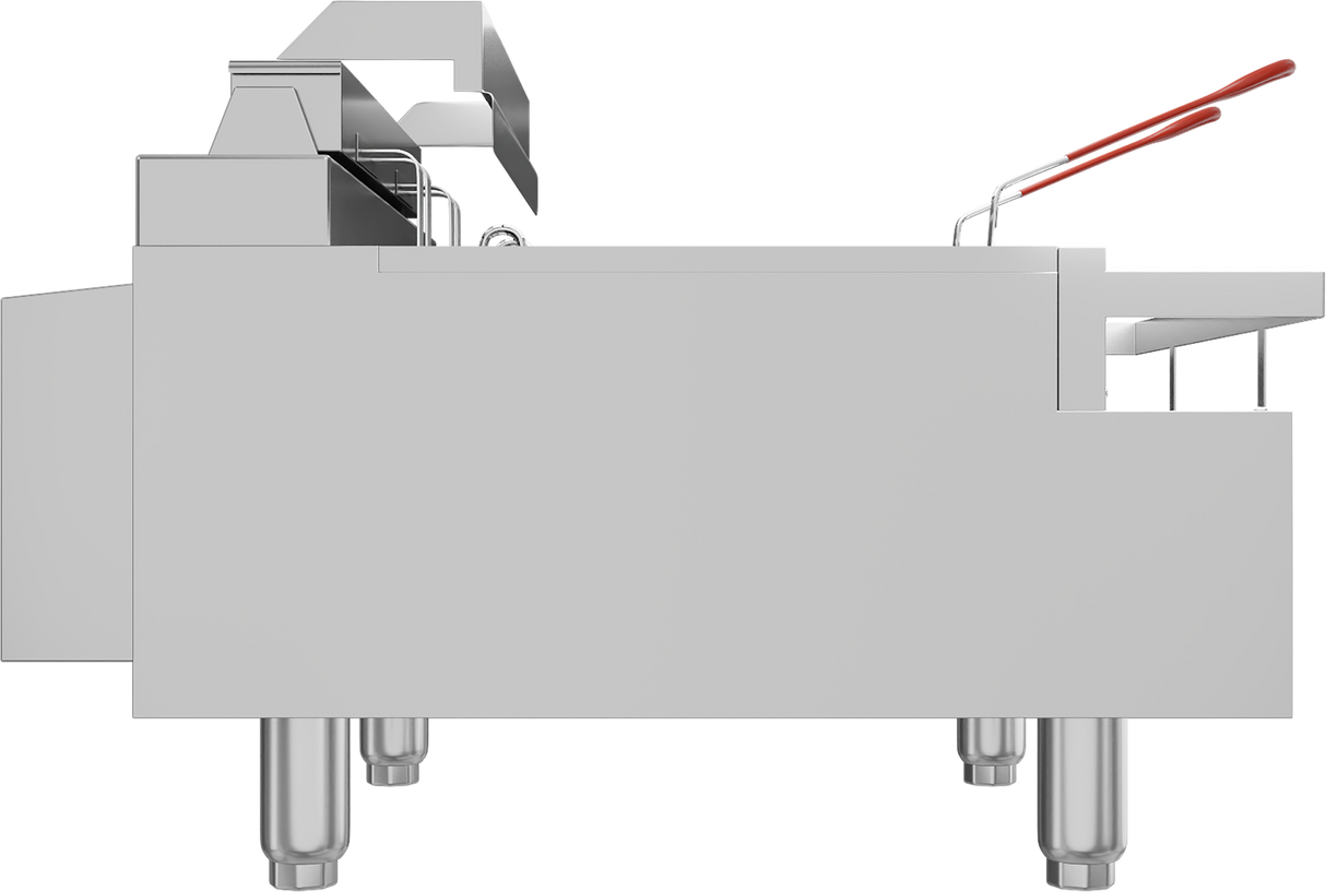 Side view of a Vulcan CEF75 electric countertop fryer with metal construction, two red-handled fryer baskets, control panel at the back, and four silver legs. This model boasts a 75 lbs oil capacity, all set against a plain white background.