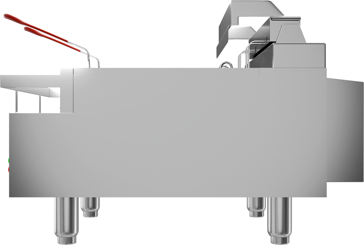 A commercial Vulcan CEF75 stainless steel electric countertop fryer with a 75 lbs oil capacity, featuring red-handled fryer baskets, a closed oil reservoir, control knobs on the side, and short legs, shown in profile against a plain background.