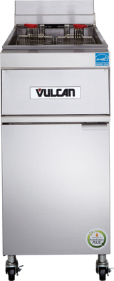 A commercial stainless steel Vulcan electric fryer with 50 lbs. capacity, two frying baskets, red handles, a temperature control panel, casters for mobility, plus Energy Star and certification stickers on the upper right and lower right corners.