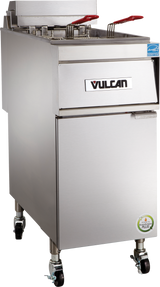 A stainless steel commercial electric fryer on wheels with a 50 lbs. capacity and two fryer baskets featuring red handles. The front displays the Vulcan brand logo, a door with a green energy label, and a blue certification sticker near the top right.
