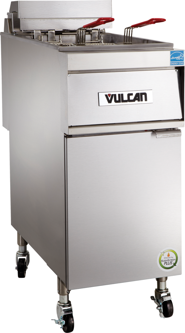 A stainless steel commercial electric fryer on wheels with a 50 lbs. capacity and two fryer baskets featuring red handles. The front displays the Vulcan brand logo, a door with a green energy label, and a blue certification sticker near the top right.