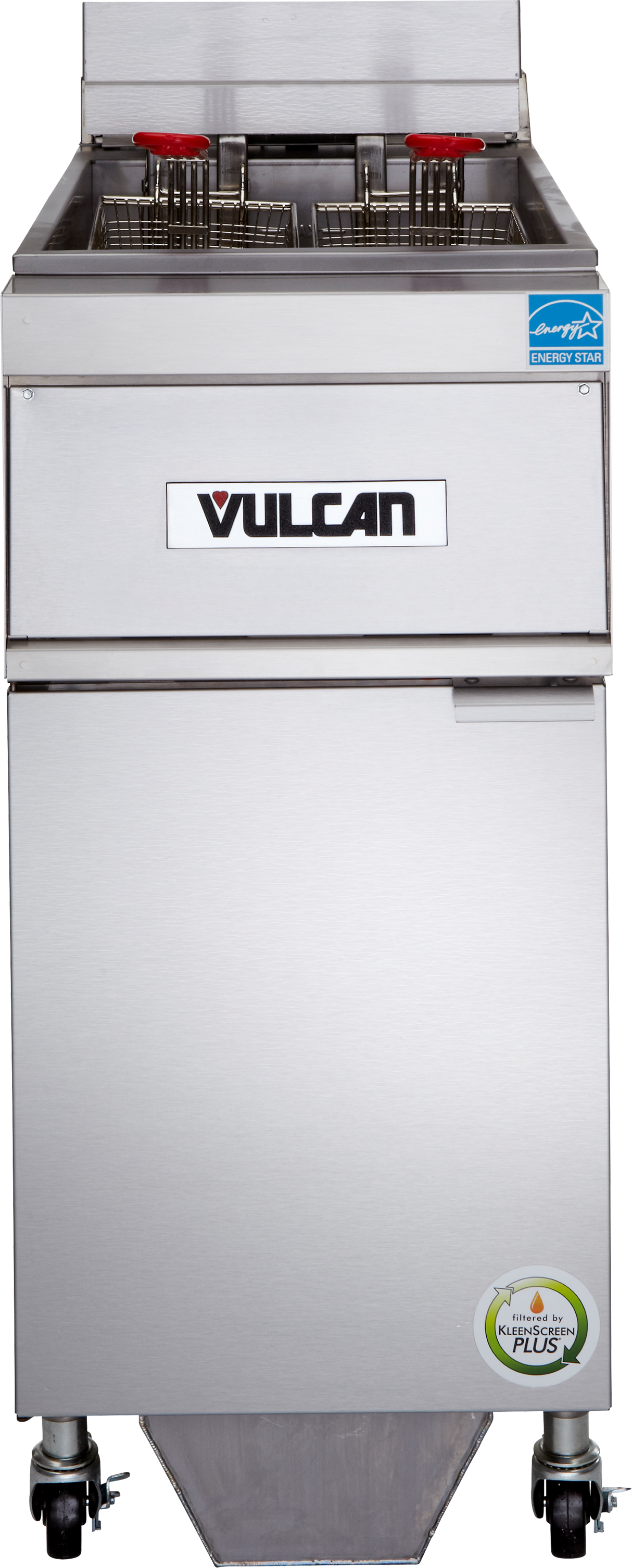 A stainless steel Vulcan electric fryer with 50 lbs. capacity, two fry baskets with red handles, a front control panel, and an Energy Star label. Features KleenScreen PLUS filtration, caster wheels, a silver finish, and a green certification sticker.