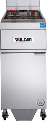 A stainless steel Vulcan electric fryer with 50 lbs. capacity, two fry baskets with red handles, a front control panel, and an Energy Star label. Features KleenScreen PLUS filtration, caster wheels, a silver finish, and a green certification sticker.