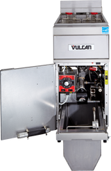 A commercial Vulcan electric fryer with its front door open reveals internal components, including control panel, pipes, and oil reservoir. Featuring KleenScreen PLUS filtration, two metal fry baskets sit above the 50 lbs. capacity oil tank.