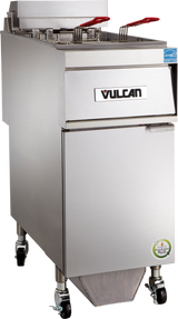 A stainless steel Vulcan electric fryer with 50 lbs. capacity, two baskets with red handles, and a lower cabinet on wheels. The front features Vulcan branding, a certification sticker, and a waste oil chute at the bottom.