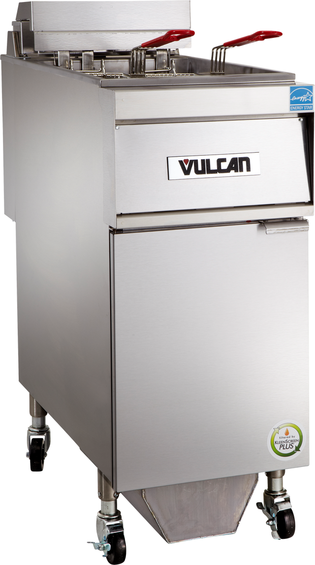 A stainless steel Vulcan electric fryer with 50 lbs. capacity, two baskets with red handles, and a lower cabinet on wheels. The front features Vulcan branding, a certification sticker, and a waste oil chute at the bottom.