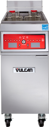 A stainless steel, 50 lb capacity commercial electric fryer with two baskets, a red digital control panel, Vulcan branding on the front, four caster wheels at the base, and certification labels on the top right corner.