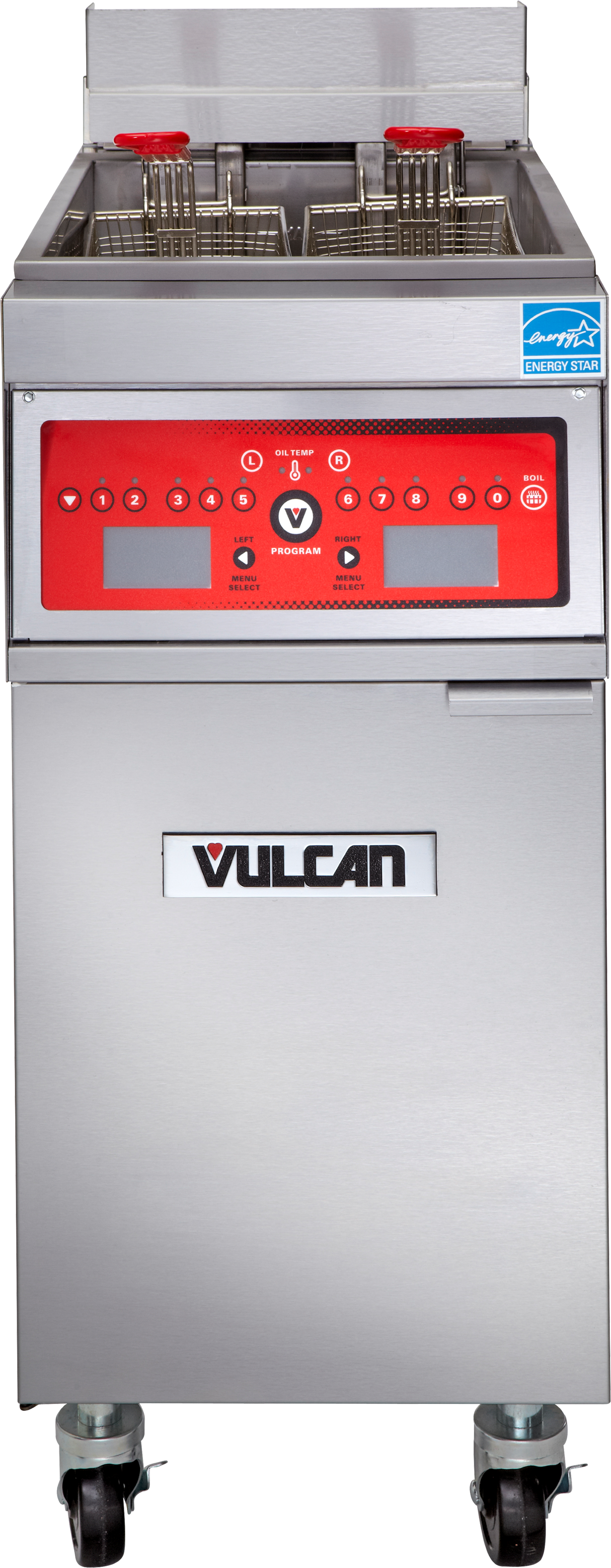 Front view of a stainless steel commercial electric fryer on wheels, featuring a red control panel, digital display, and two fryer baskets. Vulcan branding is visible on the front along with an ENERGY STAR label. This programmable fryer has a 50 lbs. capacity.