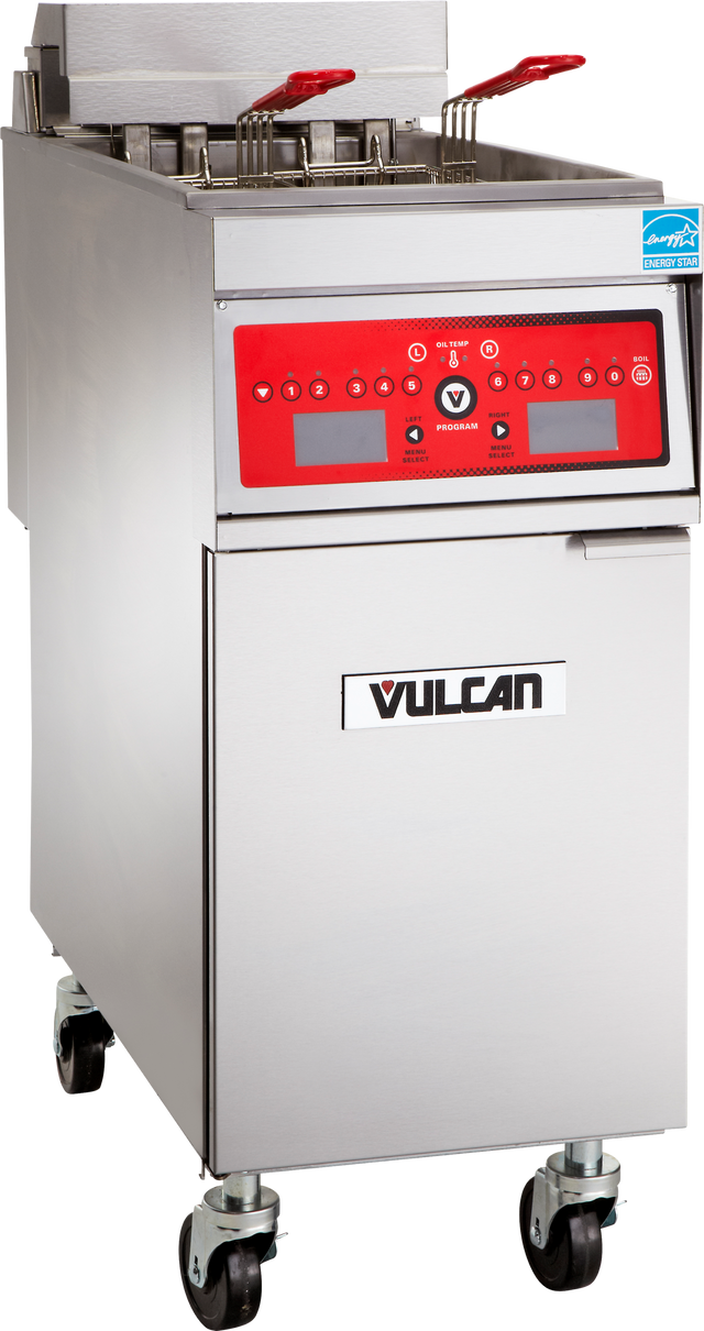 A commercial electric fryer with two basket handles, a digital red control panel, and wheels for mobility. The brand “Vulcan” is displayed on the front door, with a blue certification label at the top right.