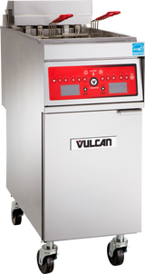 A commercial stainless steel electric fryer on wheels with two fryer baskets featuring red handles, a red digital control panel with buttons and display, 50 lb capacity fryer, and a “VULCAN” logo on the front lower door.