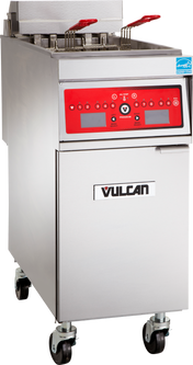 A commercial stainless steel electric fryer on wheels with two fryer baskets featuring red handles, a red digital control panel with buttons and display, 50 lb capacity fryer, and a “VULCAN” logo on the front lower door.