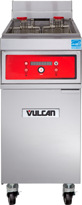 A commercial stainless steel electric fryer with 50 lbs. capacity, two baskets, a red digital control panel, and the Vulcan logo on the front. The fryer is on wheels and features an ENERGY STAR label on the upper right corner.