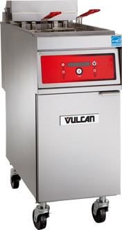 A commercial electric fryer with a stainless steel body, red control panel, two fryer baskets with red handles, and four caster wheels. Featuring digital controls and indicators on the front labeled Vulcan, this ENERGY STAR fryer offers a 50 lbs. capacity.