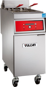 A commercial electric fryer with a stainless steel exterior, 50 lbs. capacity, two fryer baskets with red handles, digital control panel, vented sides, and four swivel casters. The front features a red control interface and Vulcan brand logo.