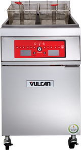 A commercial fryer with four metal baskets features red and black controls, digital displays, programmable fryer buttons, and the Vulcan logo. The stainless steel unit stands on wheels and has a Kitchen Innovation sticker on the lower right corner.