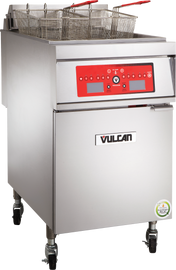 A stainless steel commercial electric fryer with two fryer baskets, a red digital control panel, and the Vulcan logo on the front. This programmable fryer has caster wheels for mobility and an ENERGY STAR certification sticker.