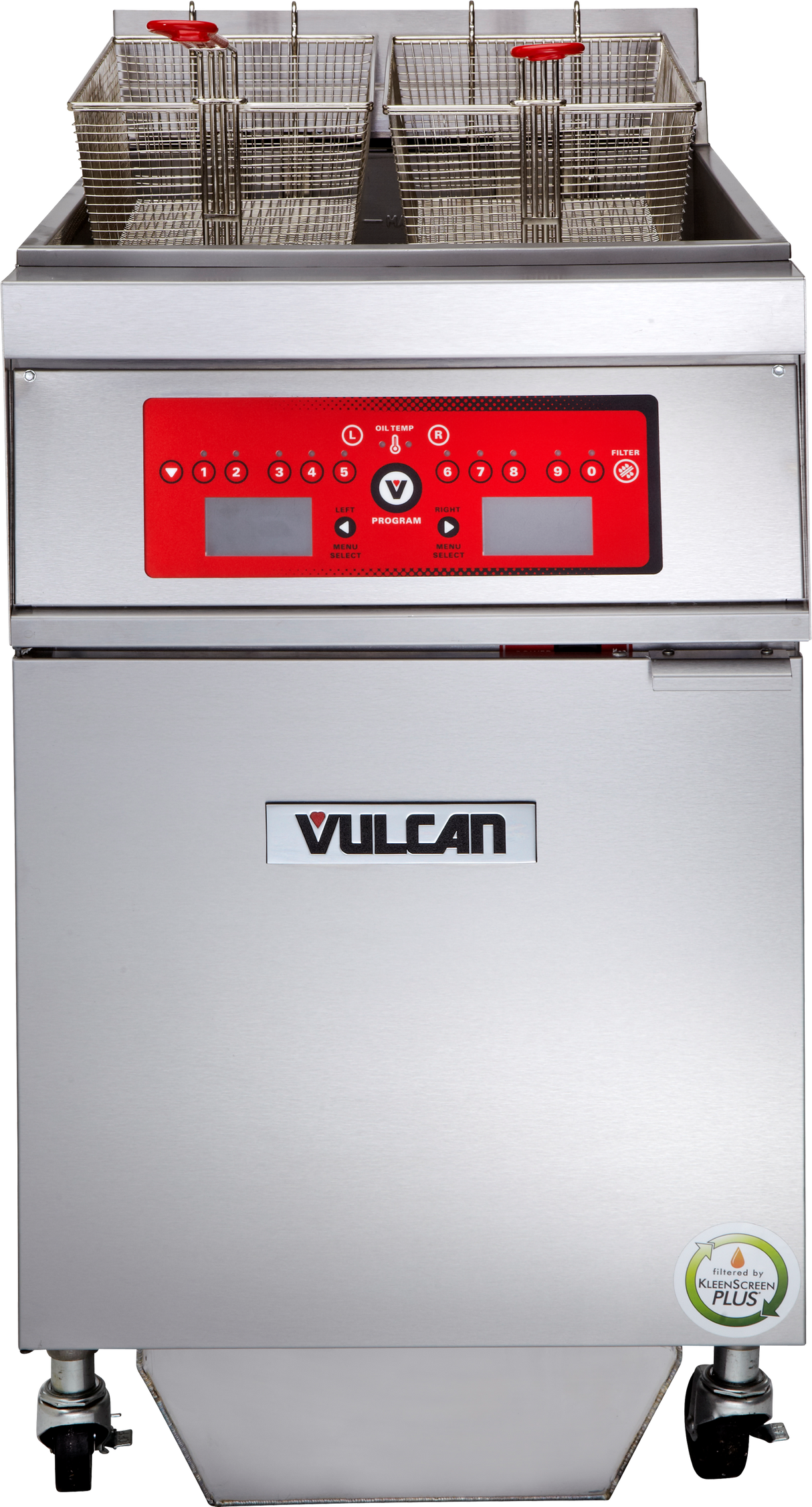A stainless steel Vulcan commercial fryer with two baskets and a red digital control panel featuring buttons and display screens. This programmable fryer stands on wheels, with a filter plus sticker on the bottom right of the front panel.