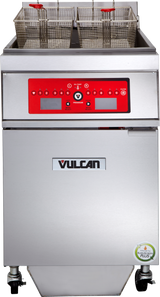 A stainless steel Vulcan commercial fryer with two baskets and a red digital control panel featuring buttons and display screens. This programmable fryer stands on wheels, with a filter plus sticker on the bottom right of the front panel.