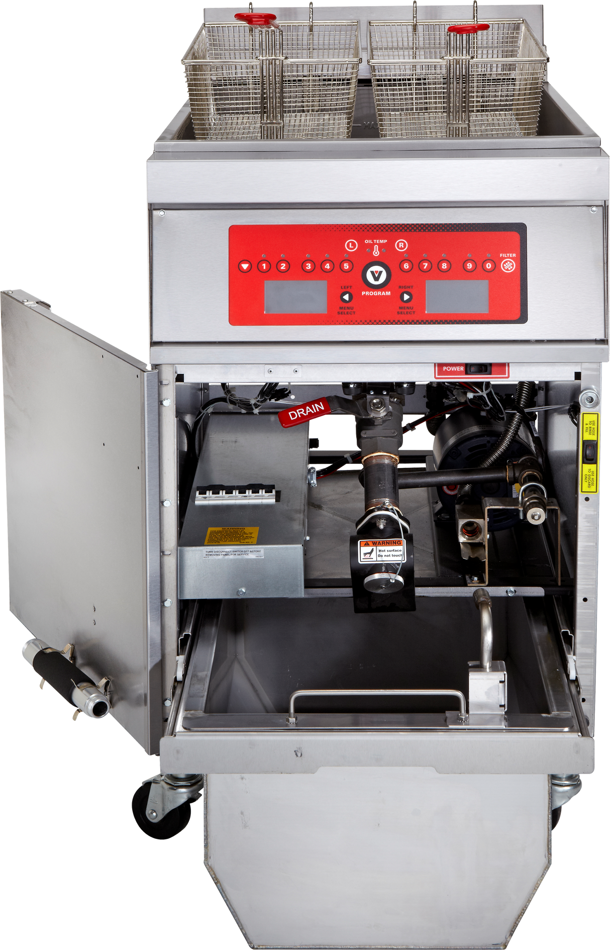 Commercial electric fryer with its front door open, revealing internal mechanical components and a drain system. Twin metal frying baskets sit on top, and a red programmable control panel with buttons and display is above the open compartment. The fryer stands on wheels.