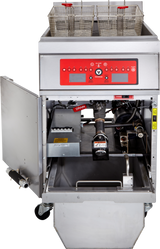 Commercial electric fryer with its front door open, revealing internal mechanical components and a drain system. Twin metal frying baskets sit on top, and a red programmable control panel with buttons and display is above the open compartment. The fryer stands on wheels.