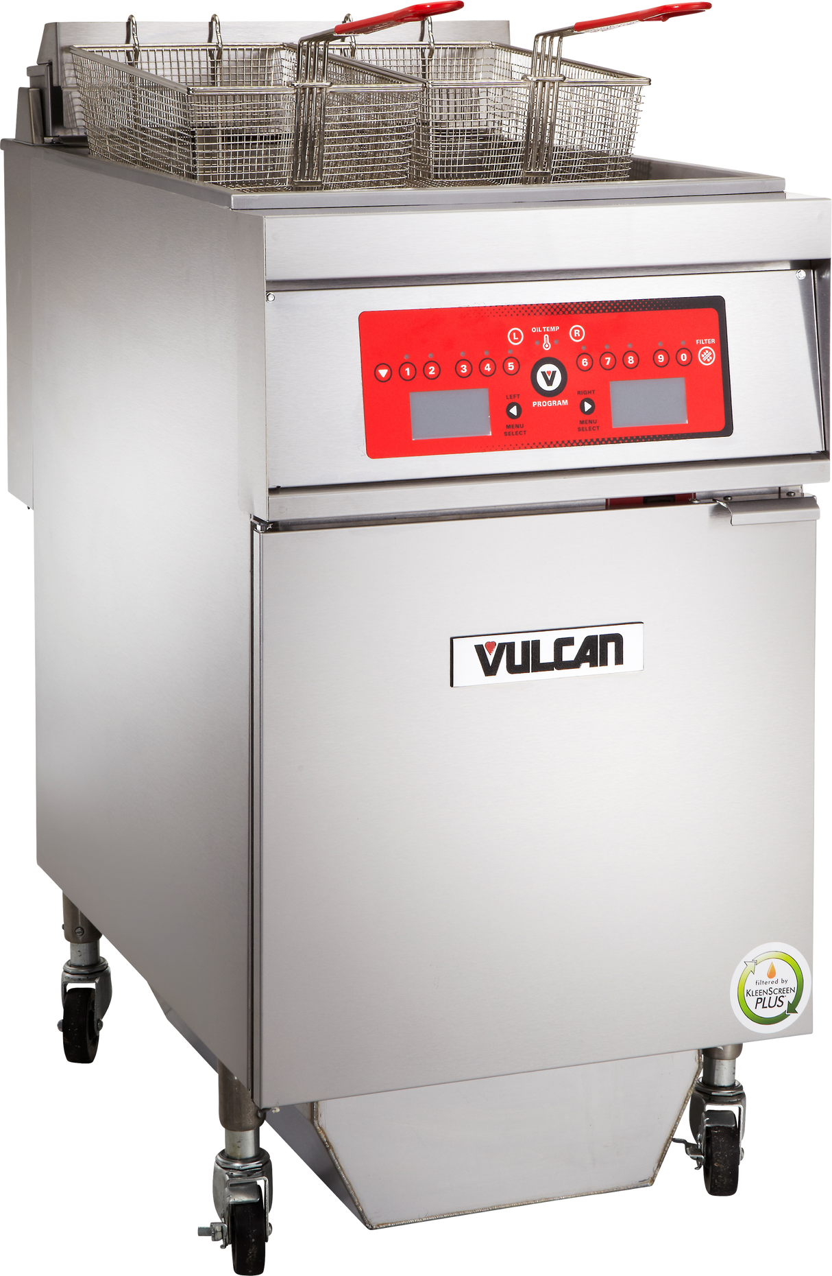 A programmable commercial fryer on wheels with a digital control panel, two metal fry baskets with red handles, and the Vulcan brand logo. This stainless-steel electric fryer features a lower cabinet and a green energy efficiency sticker.