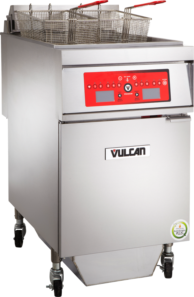 A programmable commercial fryer on wheels with a digital control panel, two metal fry baskets with red handles, and the Vulcan brand logo. This stainless-steel electric fryer features a lower cabinet and a green energy efficiency sticker.