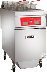 A commercial fryer on wheels with a red digital control panel, two fry baskets with red handles, and a visible Vulcan logo. This programmable fryer features a lower cabinet and a round sticker on the bottom right corner.
