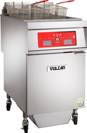 A commercial fryer on wheels with a red digital control panel, two fry baskets with red handles, and a visible Vulcan logo. This programmable fryer features a lower cabinet and a round sticker on the bottom right corner.
