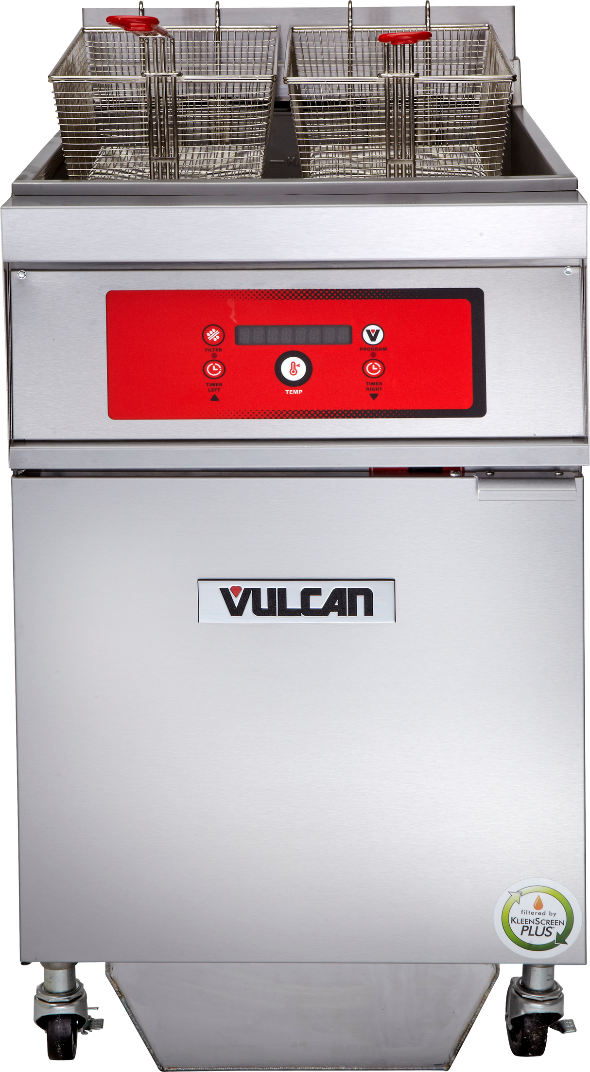 A stainless steel ENERGY STAR commercial electric fryer with two metal baskets above a digital control panel. The fryer features a red display, buttons, the Vulcan logo on the front, and a filtration system. The unit is on wheels for mobility.