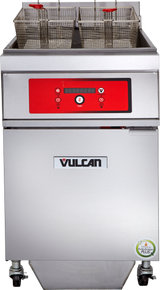 A stainless steel Vulcan electric fryer with 85 lbs. capacity features a red control panel, digital display, KleenScreen PLUS filtration, and buttons. Two fryer baskets rest on top. The unit is on wheels with a green certification sticker at the bottom right corner.