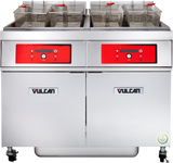 A commercial fryer with four baskets, two digital control panels with red accents, and two lower storage compartments labeled Vulcan. This ENERGY STAR fryer is on wheels and features a clean, modern stainless steel design.