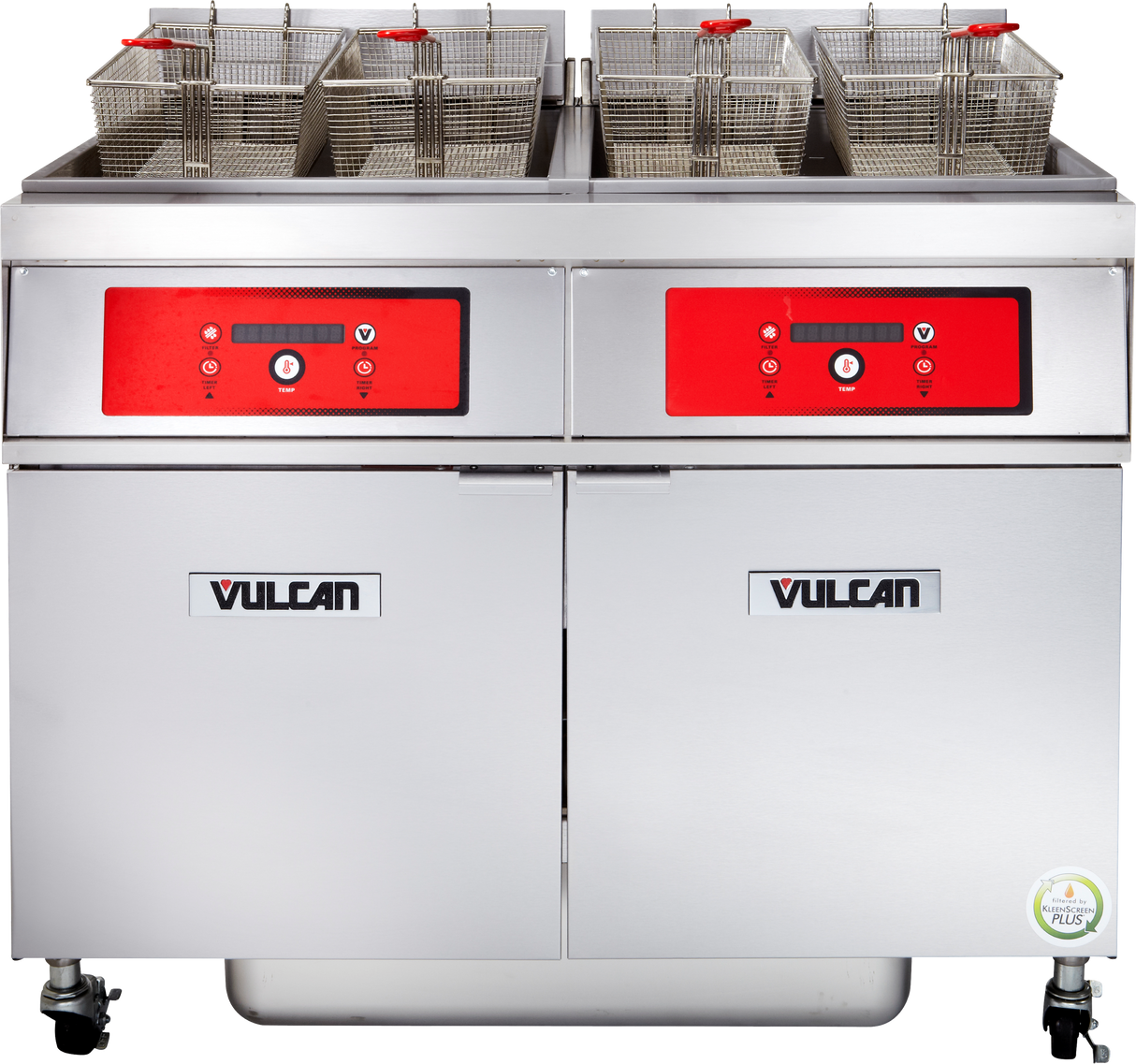 A high capacity commercial fryer, this stainless steel Vulcan electric fryer features two sets of digital controls, eight fryer baskets, dual cabinet doors, and red digital display panels. The unit is mounted on wheels for easy mobility.