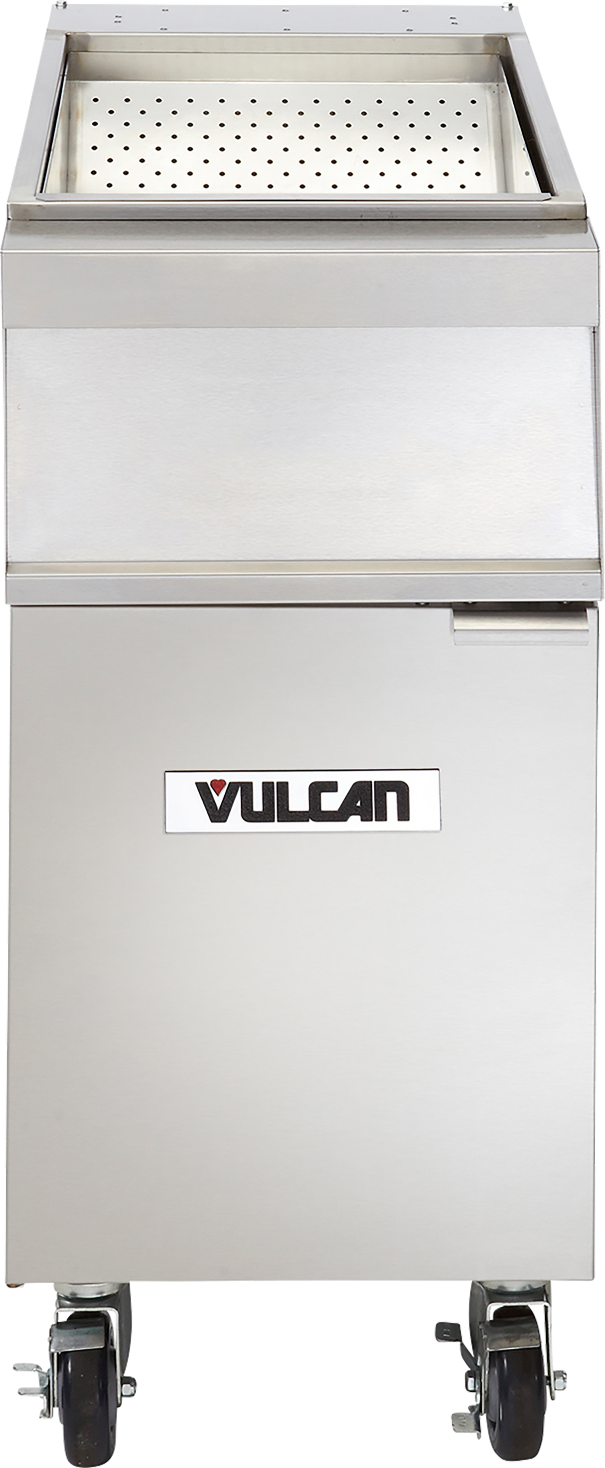 A stainless steel Frymate Holding Station sits atop the VULCAN fryer, serving as a practical fryer add-on unit with a perforated basket. The rectangular fryer features a pull-down door and four caster wheels for easy mobility.
