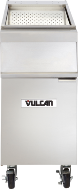 A stainless steel Frymate Holding Station sits atop the VULCAN fryer, serving as a practical fryer add-on unit with a perforated basket. The rectangular fryer features a pull-down door and four caster wheels for easy mobility.