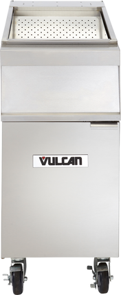 A stainless steel Frymate Holding Station sits atop the VULCAN fryer, serving as a practical fryer add-on unit with a perforated basket. The rectangular fryer features a pull-down door and four caster wheels for easy mobility.